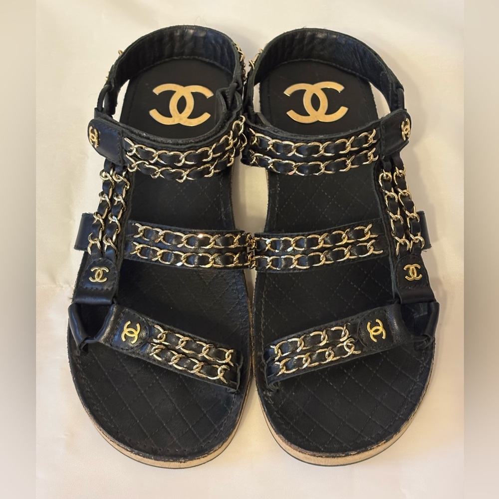 CHANEL Black Leather Chain-Trim Dad Sandals